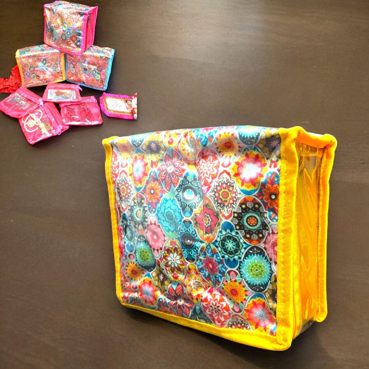 Flower Print Indian Jewelry Box Satin Pouches Jewellery Traveling Organizer Storage Bag with 4 Transparent Pouches Indian Wedding Favor Bridesmaid Gift